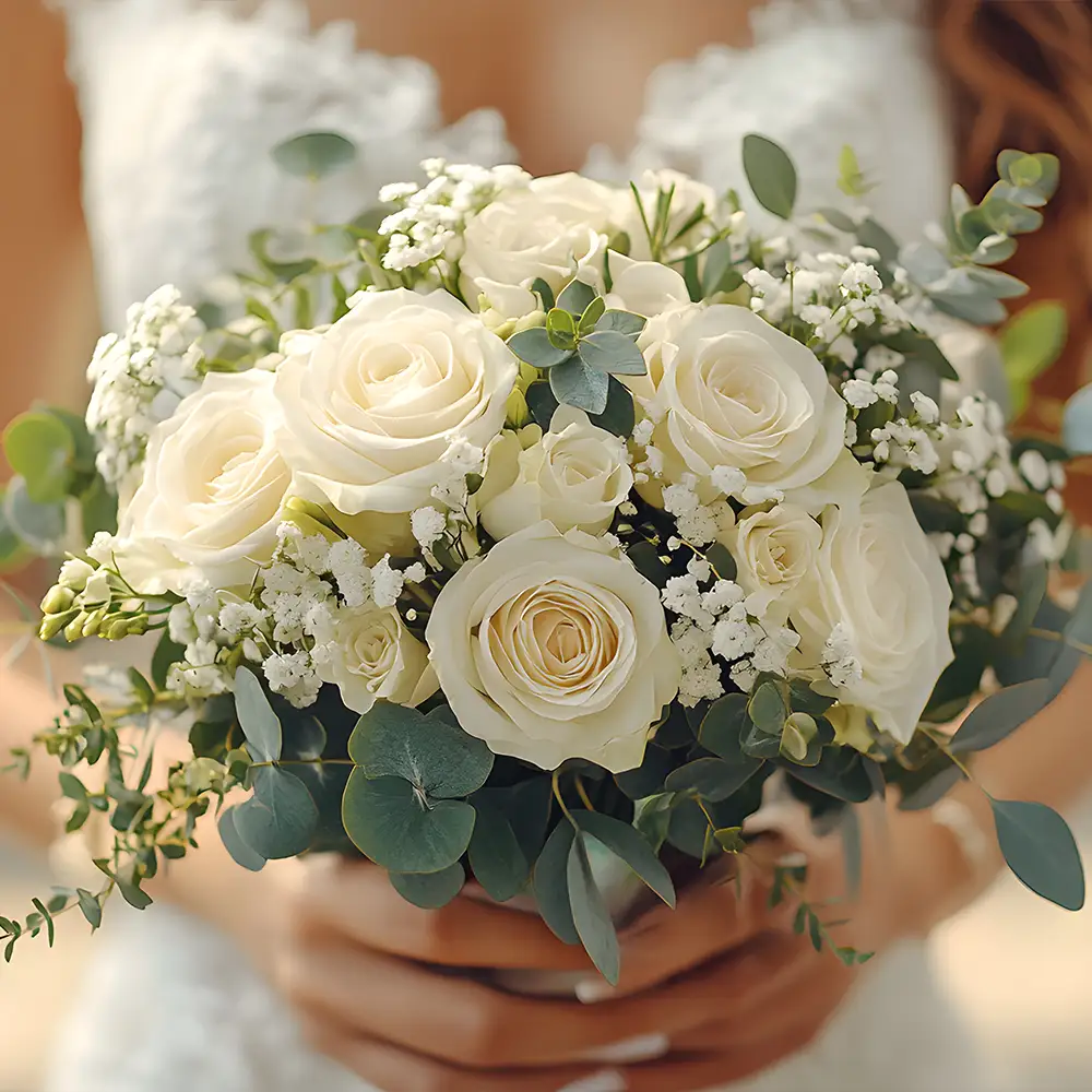 Braut hält einen weißen Brautstrauß in der Hand